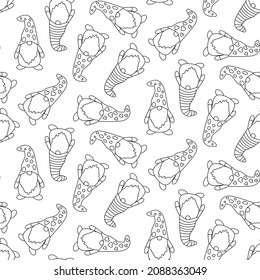 Hand-drawn vector pattern in doodle style with red Christmas elves. 