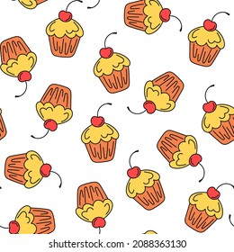 Hand-drawn vector pattern in doodle style with cupcakes and cherries. 