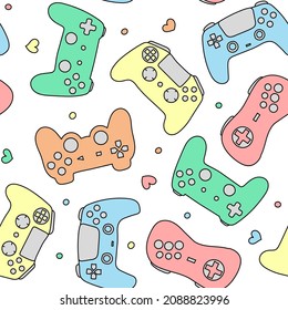 Hand-drawn vector pattern in doodle style with gamepads of different colors.