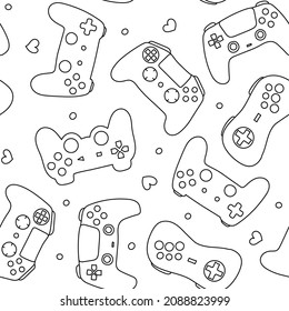 Hand-drawn vector pattern in doodle style with gamepads of different colors.