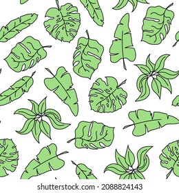 Hand-drawn vector pattern in doodle style with tropical leaves. 