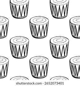 Hand-drawn vector pattern featuring traditional drums arranged in a repetitive design
