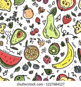 Hand-drawn vector pattern with fruits and berries such as lemon, lime, plum, peach, apple, pear, avocado, orange, carambola, kiwi, watermelon, cherry, strawberry, raspberry, blackberry, blueberry.