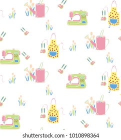 Hand-drawn vector pattern Hobby. Sewing machine, watering can, flowers, apron and cooking tools. Pastel colored, doodle style, seamless print, great for textile, wrapping paper, stationery. 