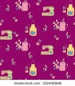 Hand-drawn vector pattern Hobby. Sewing machine, watering can, flowers, apron and cooking tools. Pastel colored, doodle style, seamless print,great for textile, wrapping paper, stationery. 