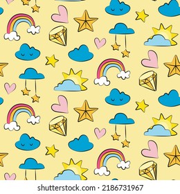Hand-drawn vector pattern with rainbow, clouds and raindrops. Children's doodle pattern seamless background.