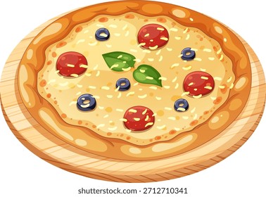 Hand-drawn vector pizza with cheese, tomatoes, olives, and basil leaves on a round wooden board, using bright colors and clean outlines