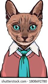hand-drawn vector portrait of a siamese cat. portrait of pet in a shirt and vest. office animal portrait in shirt with tie. cat with a stylish fashion blue tie matching the eye color of the cat