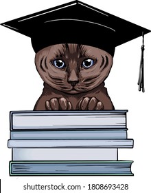 hand-drawn vector portrait of a student cat. portrait of pet with books for education. animal portrait in a graduate's hat holds books with its paws. color portrait of a cat in university hat