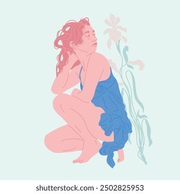 Hand-drawn vector portrait of a woman in Art Nouveau style, with floral and decorative elements, classical art influences, and modern fashion template.