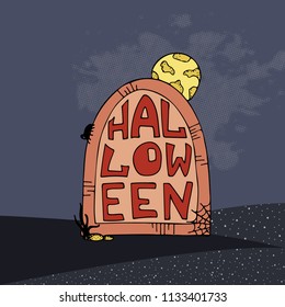 Hand-drawn vector poster for halloween party. Gravestone with the full moon.