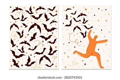 Hand-drawn vector poster set with flying bats chasing running human silhouette. Authentic flat style, features terracotta orange tones, light colours, bold contrast lines. For Halloween interiours.