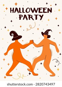 Hand-drawn vector poster template of two dancing human figures in witch hats. Features custom lettering, rich pumpkin orange tones, crisp line art contrast. Great for party events.