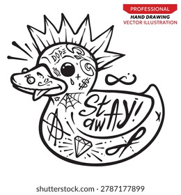 Hand-drawn vector of a punk rubber duck with mohawk, tattoo and graffiti lettering, bold black-and-white line art designed as an apparel print for t‑shirts, hoodies, stickers and posters.