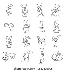 Hand-drawn vector rabbit icons set. Simple cartoon bunny isolated Vector illustration character design collection outline of cute rabbit.Draw doodle cartoon style.