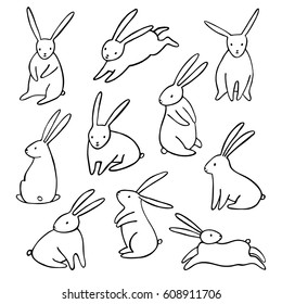 Hand-drawn vector rabbit icons set. Simple cartoon bunny isolated 