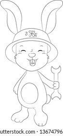 Hand-drawn vector rabbit. Simple cartoon bunny isolated. Doodle Construction Engineering Job.Mechanic in cartoon style shows like,  with the wrench in his hand.
