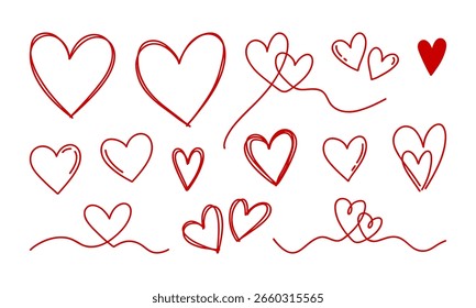 Corações vermelhos de vetor desenhados à mão sobre fundo branco. Doodle simples corações diferentes conjunto, romantiс amo elementos lineares para projetos de Dia dos Namorados. Para impressões fofas, mídias sociais e desenhos românticos.