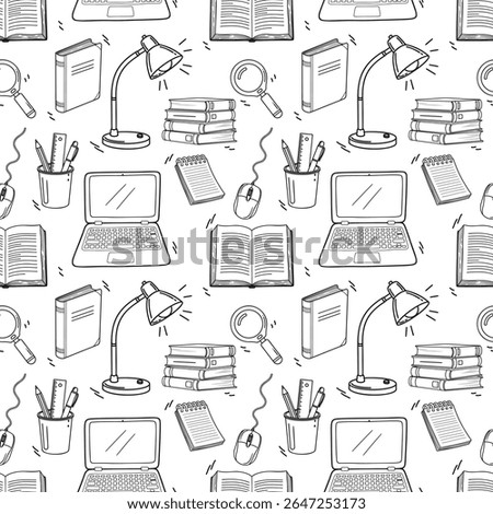 Hand-drawn vector repeat featuring laptops, books, lamps, notepads, pencils, rulers, pens, magnifying glasses, and computer mice. Ideal for educational themes and stationery designs.