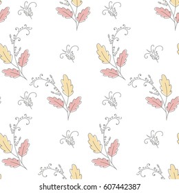 Hand-drawn vector repeating backdrop with leaf sprigs in pastel colors on white background. Can be used as a print for clothing, wrapping paper, banners and printed products. EPS10.  