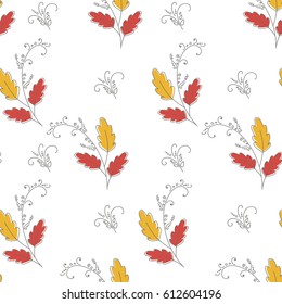Hand-drawn vector repeating backdrop with leaf sprigs in autumn colors on white background. Can be used as a print for clothing, wrapping paper, banners and printed products. EPS10.