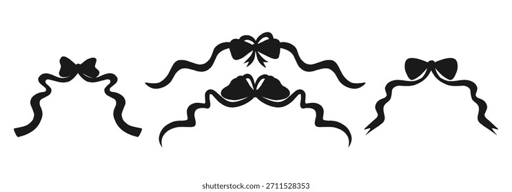 Vetor desenhado à mão de elementos de conjunto de decoração de arco de fita, arco preto elegante e fita, silhueta, vetor de elemento de design.