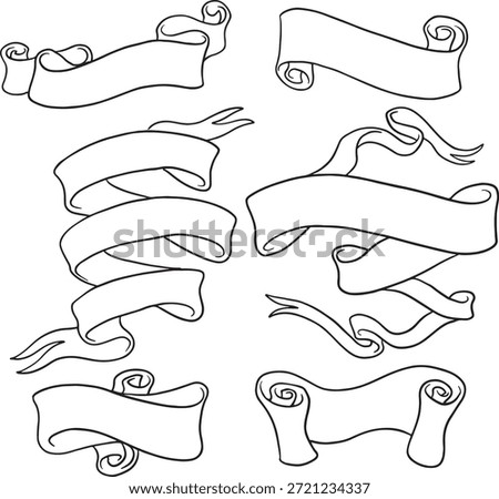 Hand-drawn vector ribbon collection. Vintage sketch banners, scrolls, and labels for graphic design. Elegant black line art streamers for invitations, logos, and creative branding projects.