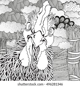 Hand-drawn vector rooster. Black and white. Doodle zentangle style. Symbol of 2017 New Year. Cockerel, rooster, cock, chicken, bird. Chinese new year holiday. Coloring book page for adult.