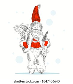 Hand-drawn in vector Santa Claus with glasses and a large cap with a Christmas tree in his hands and New Year's toys and gifts