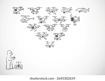 Handgezeichnete Vektorszene einer Person, die eine vielfältige Flotte von Doodle-Drohnen kontrolliert, die in der Formation fliegen.