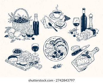 Hand-drawn vector scenes of Mediterranean food: antipasto platters, cheese with wine, baskets of olives and olive oil, tea with toast and butter. Perfect for menu, cafe, or culinary design