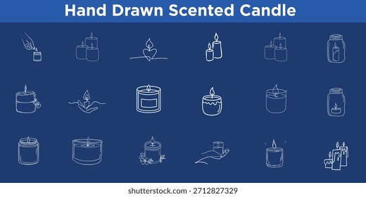  Conjunto de ícones de vela perfumada de vetor desenhado à mão: Kit de arte de linha mínima de bolo, balões, presentes e elementos de confete para casamento, noivado e design de convite de chuveiro.