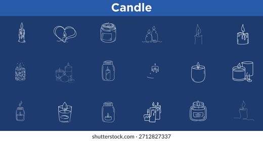  Conjunto de iconos de velas perfumadas de Vector dibujadas a mano: Kit de arte de línea mínima de pasteles, globos, regalos y Elementos de confeti para Boda, compromiso y diseño de invitación de ducha.