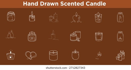  Hand-Drawn Vector Scented Candle Icon Set: Minimal Line Art Kit of Cake, Balloons, Gifts, and Confetti Elements for Wedding, Engagement, and Shower Invitation Design.