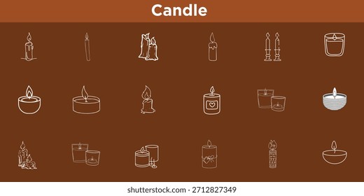  Conjunto de iconos de velas perfumadas de Vector dibujadas a mano: Kit de arte de línea mínima de pasteles, globos, regalos y Elementos de confeti para Boda, compromiso y diseño de invitación de ducha.