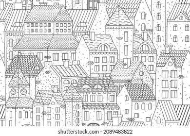 Hand-drawn vector seamless background with townhouses. European buildings in one color. Stock vector background.