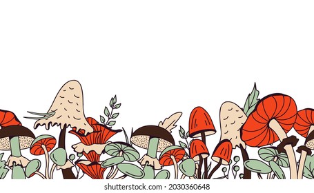 Hand-drawn vector seamless border with mushrooms in orange, beige, brown and green on a white background. Illustration in retro and cottage-core style with plants of the autumn forest.