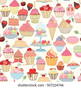 Hand-drawn vector seamless cupcake pattern. Sketch doodle sweet food elements can be used for wallpaper, website background, wrapping paper invitation, flyer, banner and cover.