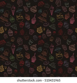 Hand-drawn vector seamless cupcake pattern. Sketch doodle sweet food elements can be used for wallpaper, website background, wrapping paper invitation, flyer, banner and cover.