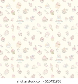 Hand-drawn vector seamless cupcake pattern. Sketch doodle sweet food elements can be used for wallpaper, website background, wrapping paper invitation, flyer, banner and cover.
