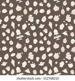 Hand-drawn vector seamless cupcake pattern. Sketch doodle sweet food elements can be used for wallpaper, website background, wrapping paper invitation, flyer, banner and cover.