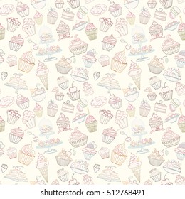 Hand-drawn vector seamless cupcake pattern. Sketch doodle sweet food elements can be used for wallpaper, website background, wrapping paper invitation, flyer, banner and cover.