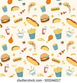 Hand-drawn vector seamless fast food pattern. Sketch doodle food elements can be used for wallpaper, website background, wrapping paper invitation, flyer, banner and cover.