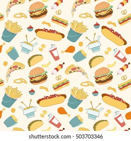 Hand-drawn vector seamless fast food pattern. Sketch doodle food elements can be used for wallpaper, website background, wrapping paper invitation, flyer, banner and cover.
