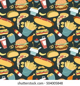 Hand-drawn vector seamless fast food pattern. Sketch doodle food elements can be used for wallpaper, website background, wrapping paper invitation, flyer, banner and cover.