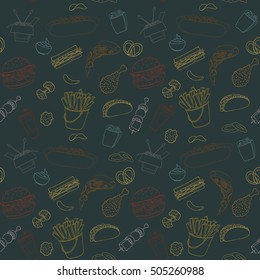 Hand-drawn vector seamless fast food pattern. Sketch doodle food elements can be used for wallpaper, website background, wrapping paper invitation, flyer, banner and cover.