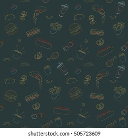 Hand-drawn vector seamless fast food pattern. Sketch doodle food elements can be used for wallpaper, website background, wrapping paper invitation, flyer, banner and cover.