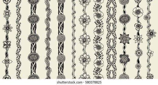 Hand-drawn vector seamless floral line border set and design element on beige