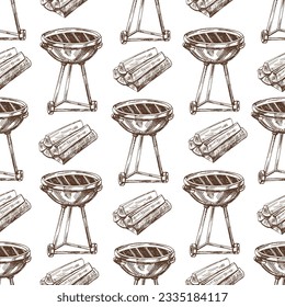 Hand-drawn vector seamless pattern of barbecue grill and firewood. Vintage doodle illustration. Sketch for cafe menus and labels. The engraved image.