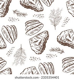 Hand-drawn vector seamless pattern of beef steak, piece of meat and dill. Vintage doodle illustration. Sketch for cafe menus and labels. The engraved image.